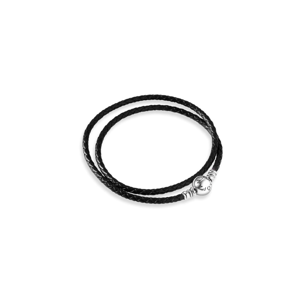 Men’s Black Leather Bracelet with Sterling Silver Charm – 925