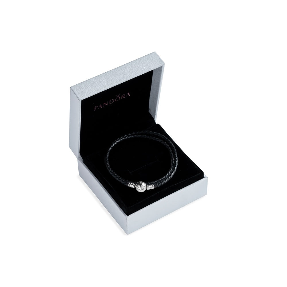 Men’s Black Leather Bracelet with Sterling Silver Charm – 925